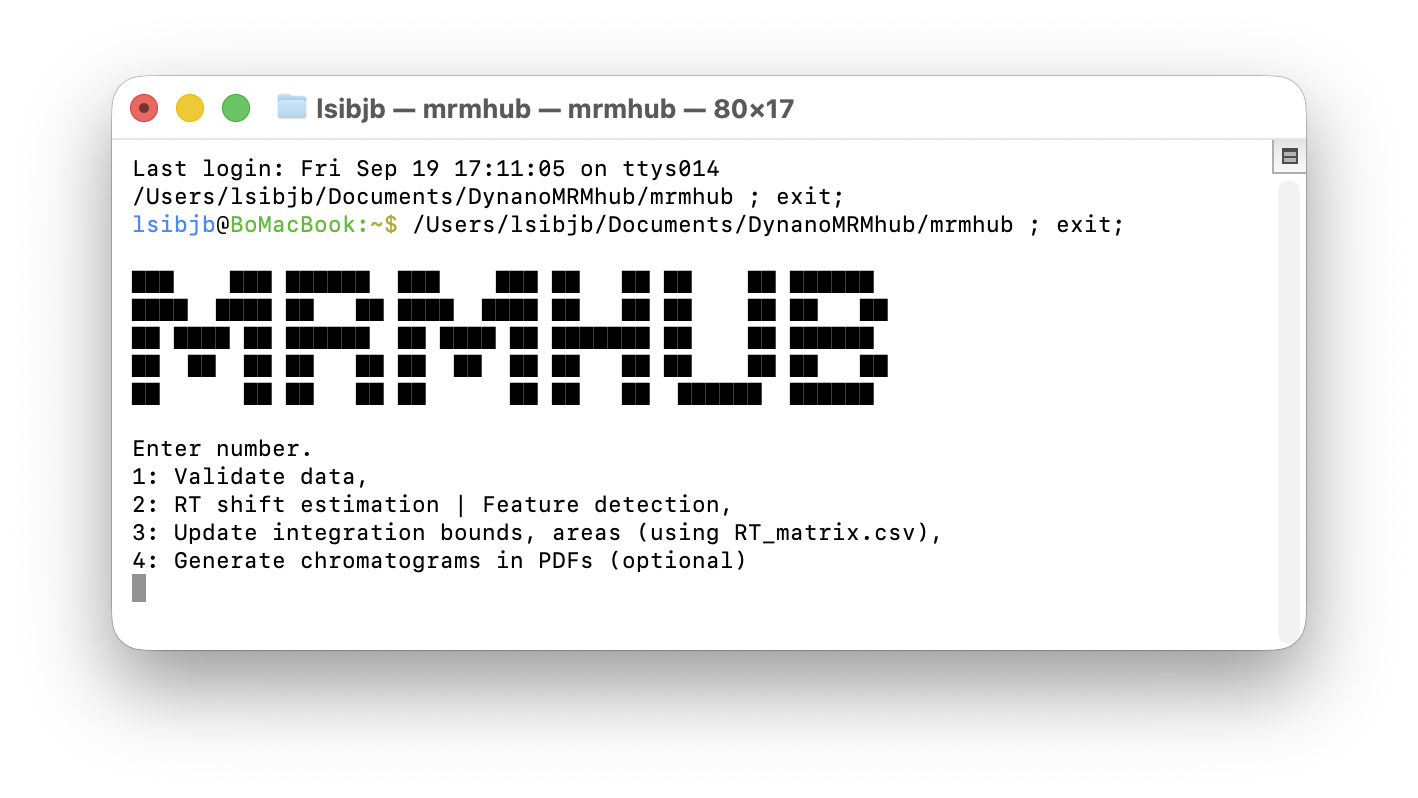 Screenshot of the INTEGRATOR terminal interface, showing the MRMHUB banner and its four-item menu: 1 Validate data; 2 RT-shift estimation and feature detection; 3 update integration bounds and areas using RT_matrix.csv; and 4 generate chromatogram PDFs (optional).