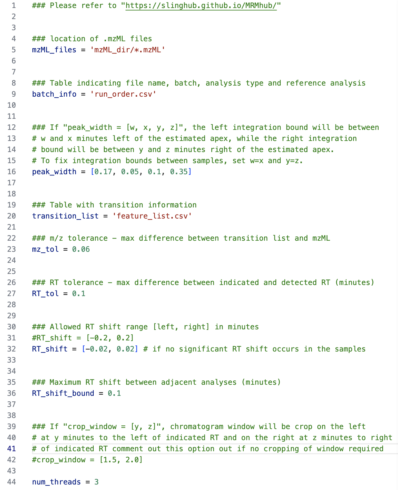 Screenshot of a param.txt file listing key = value parameter lines: mzML_files, batch_info, transition_list, peak_width, num_threads, mz_tol, RT_tol, RT_shift, RT_shift_bound, and crop_window, each with an assigned value.