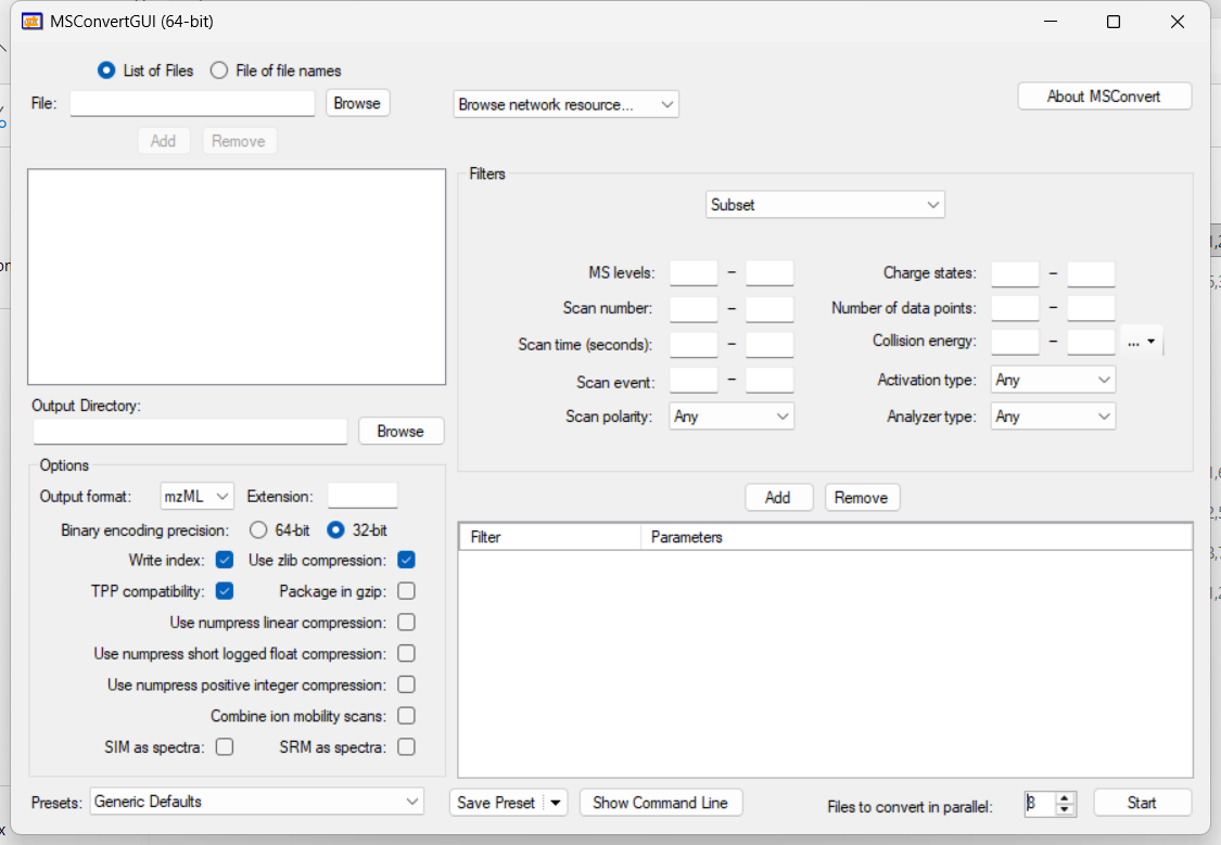Screenshot of the MSConvertGUI window configured to output mzML. In the Options panel, Output format is set to mzML with 32-bit binary encoding, and Write index and Use zlib compression are enabled; the Start button at the bottom right runs the conversion.