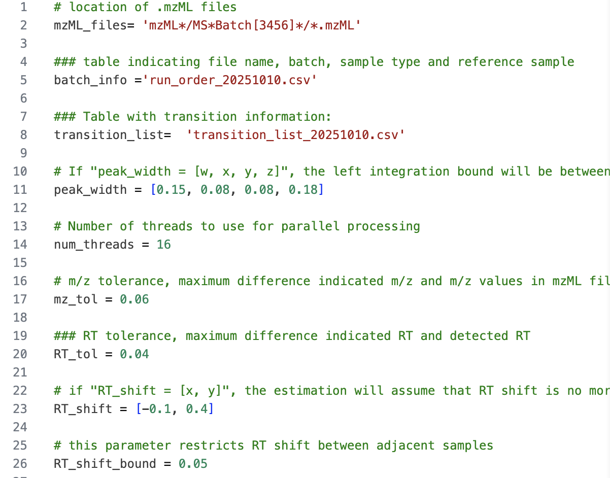 Screenshot of a param.txt file listing key = value parameter lines: mzML_files, batch_info, transition_list, peak_width, num_threads, mz_tol, RT_tol, RT_shift, RT_shift_bound, and crop_window, each with an assigned value.