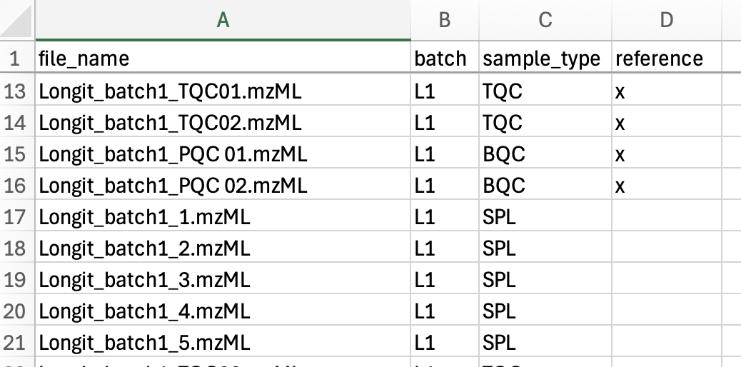Screenshot of a run_order.csv sample list with columns file_name, batch, sample_type, and reference. Several QC rows (TQC and BQC) carry an x in the reference column marking them as retention-time anchors; study samples (SPL) are left blank.