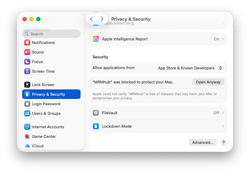 Screenshot of the macOS System Settings Privacy and Security pane. Under Security, 'Allow applications from' reads App Store and Known Developers, and a row states that MRMhub was blocked to protect your Mac, beside an Open Anyway button that permits the app to run.