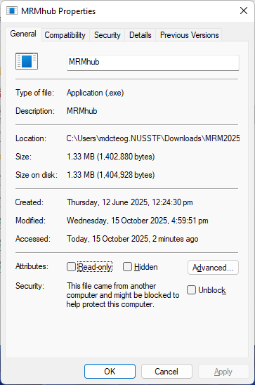 Screenshot of the Windows MRMhub Properties dialog on the General tab. It identifies the file as an Application (.exe) of 1.33 MB and, near the bottom, shows a Security note that the file came from another computer and might be blocked, beside an Unblock checkbox that must be ticked to allow the app to run.