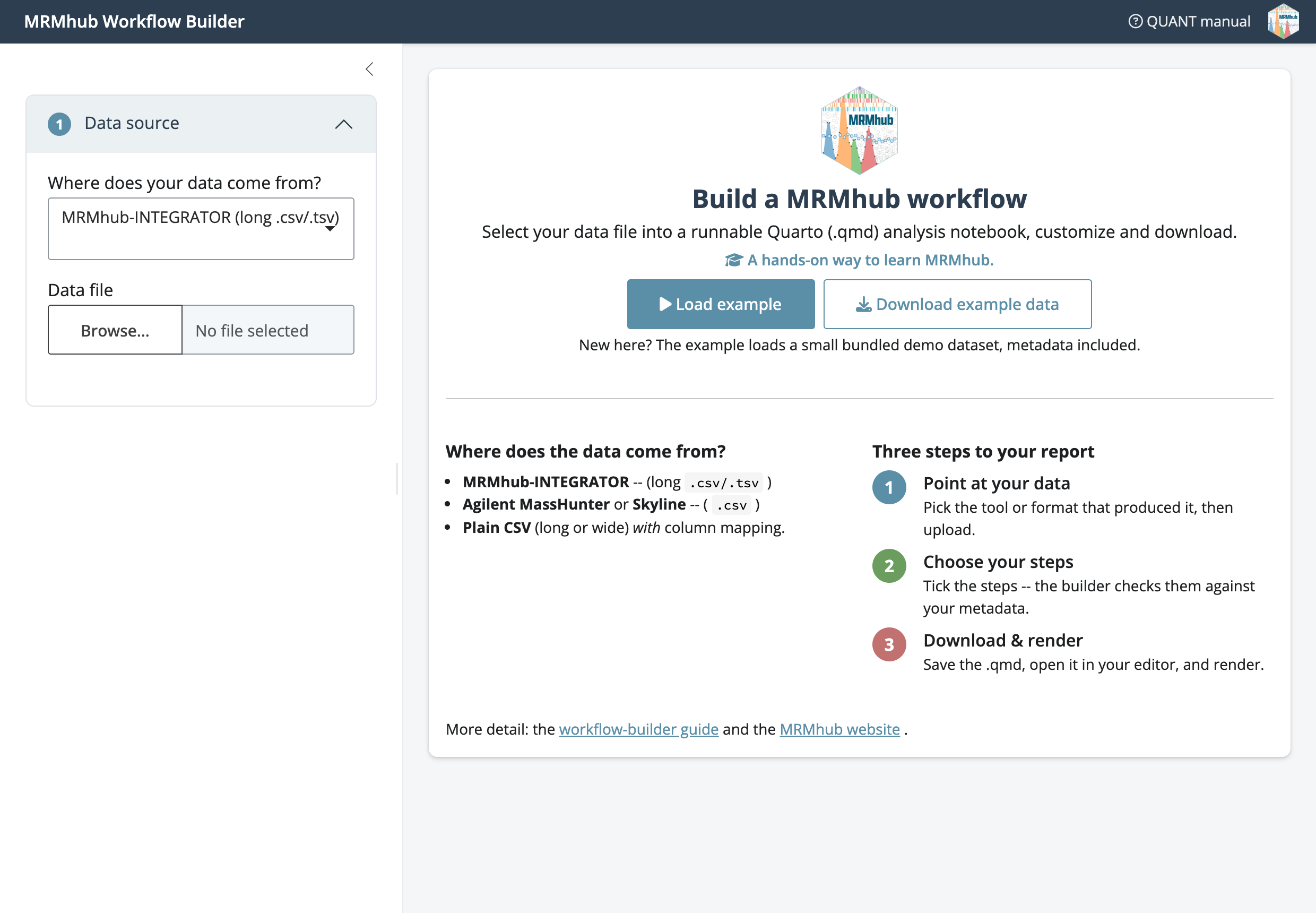The welcome screen: pick where your data comes from, or click Load example to load the bundled demo dataset (metadata included).